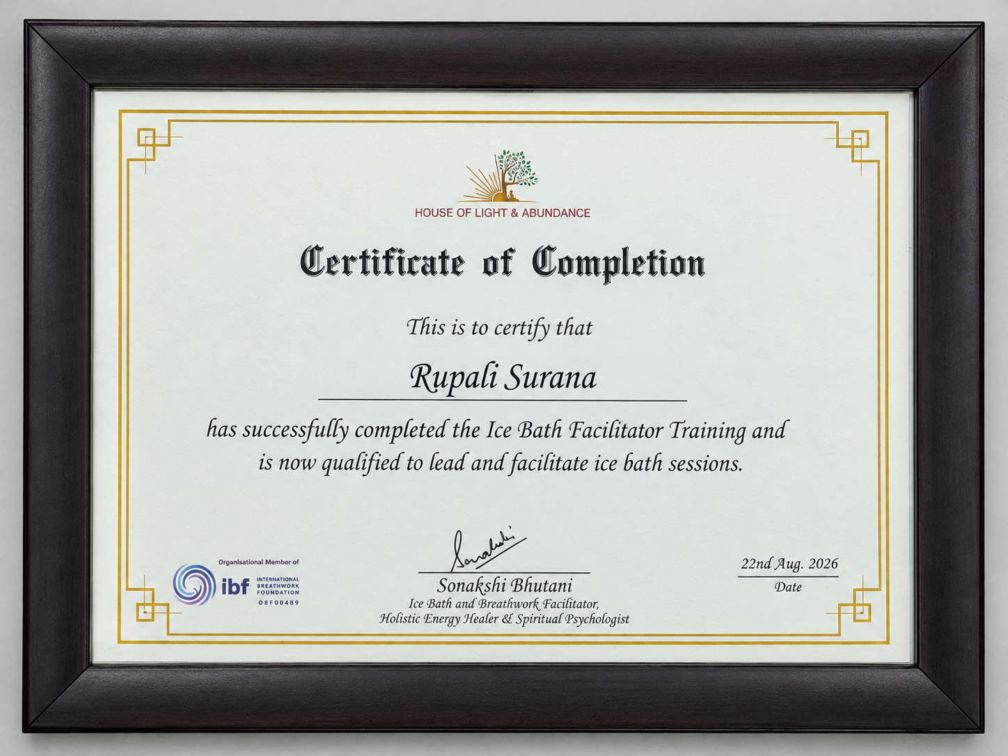 Certified Ice Bath Facilitator certificate – House of Light & Abundance