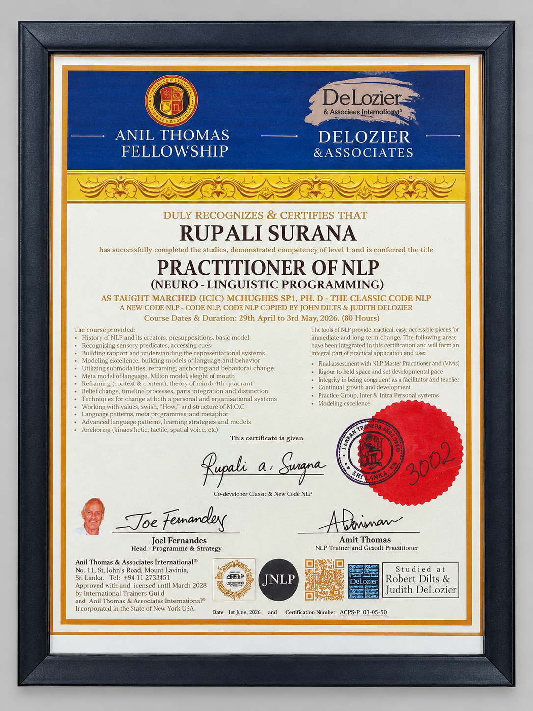 Practitioner of Neuro-Linguistic Programming certificate – Anil Thomas Fellowship · DeLozier & Associates