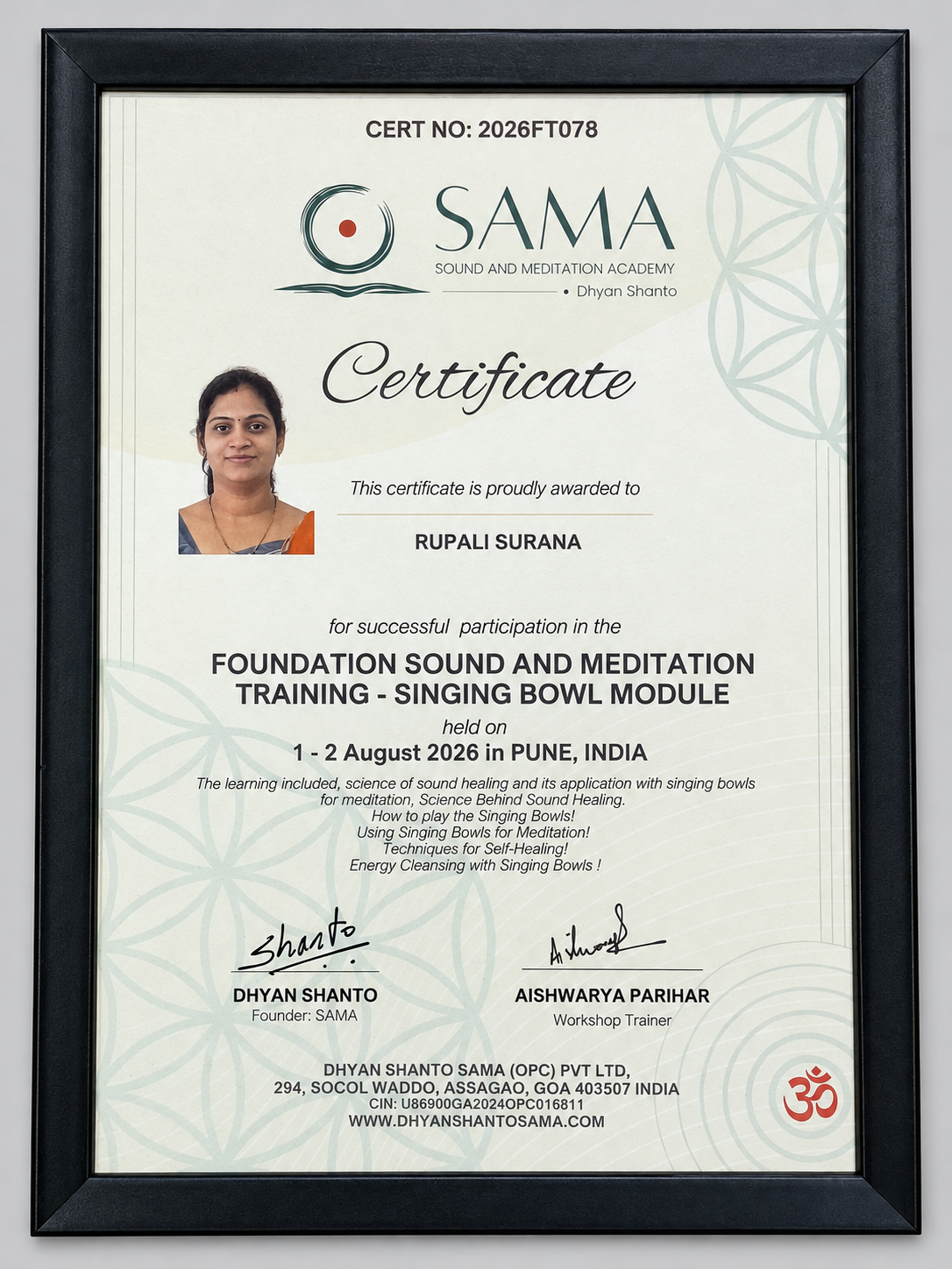 Sound & Meditation Training certificate – SAMA · Sound and Meditation Academy